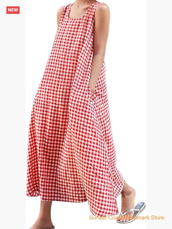 Dresses & Skirts - Women's Casual Loose-Fit Cotton Plaid Tank Maxi Dress with Pockets Boho Beach